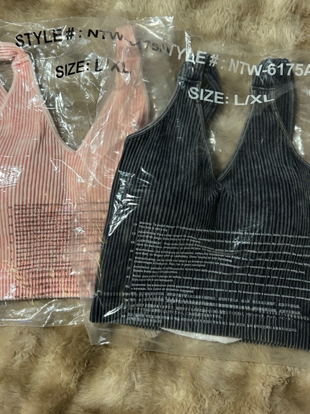 New! Set of two Zenana Ribbed V-Neck Crop Tank Top - Pink and Charcoal, L/XL